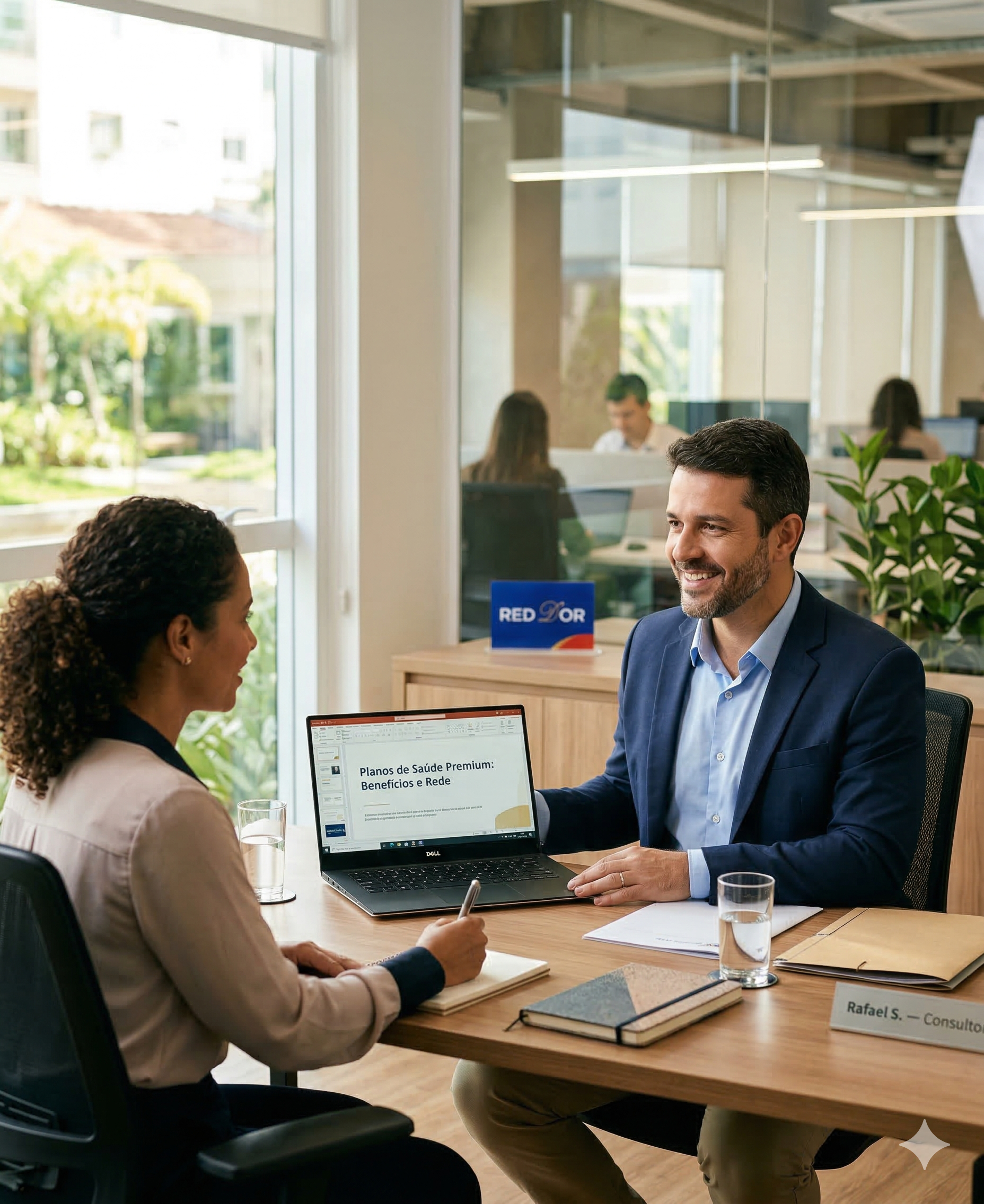 Consultor apresentando opções de plano de saúde
